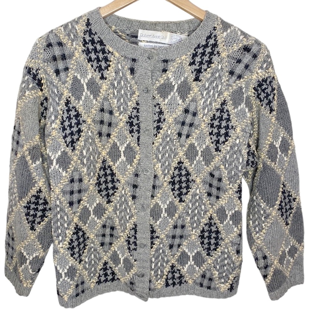 Vintage grey hand knit cotton ramie argyle patchwork grandpa sweater cardigan S